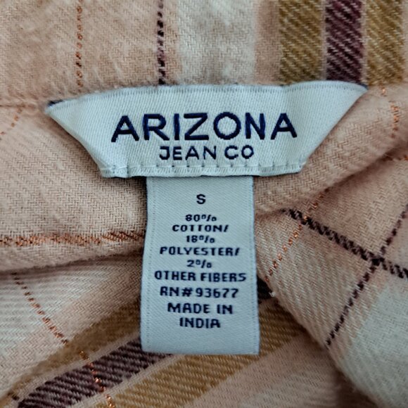 Sz S Small ARIZONA Women’s Long Sleeve Button Down Peach Plaid Flannel Top Shirt - Picture 3 of 5